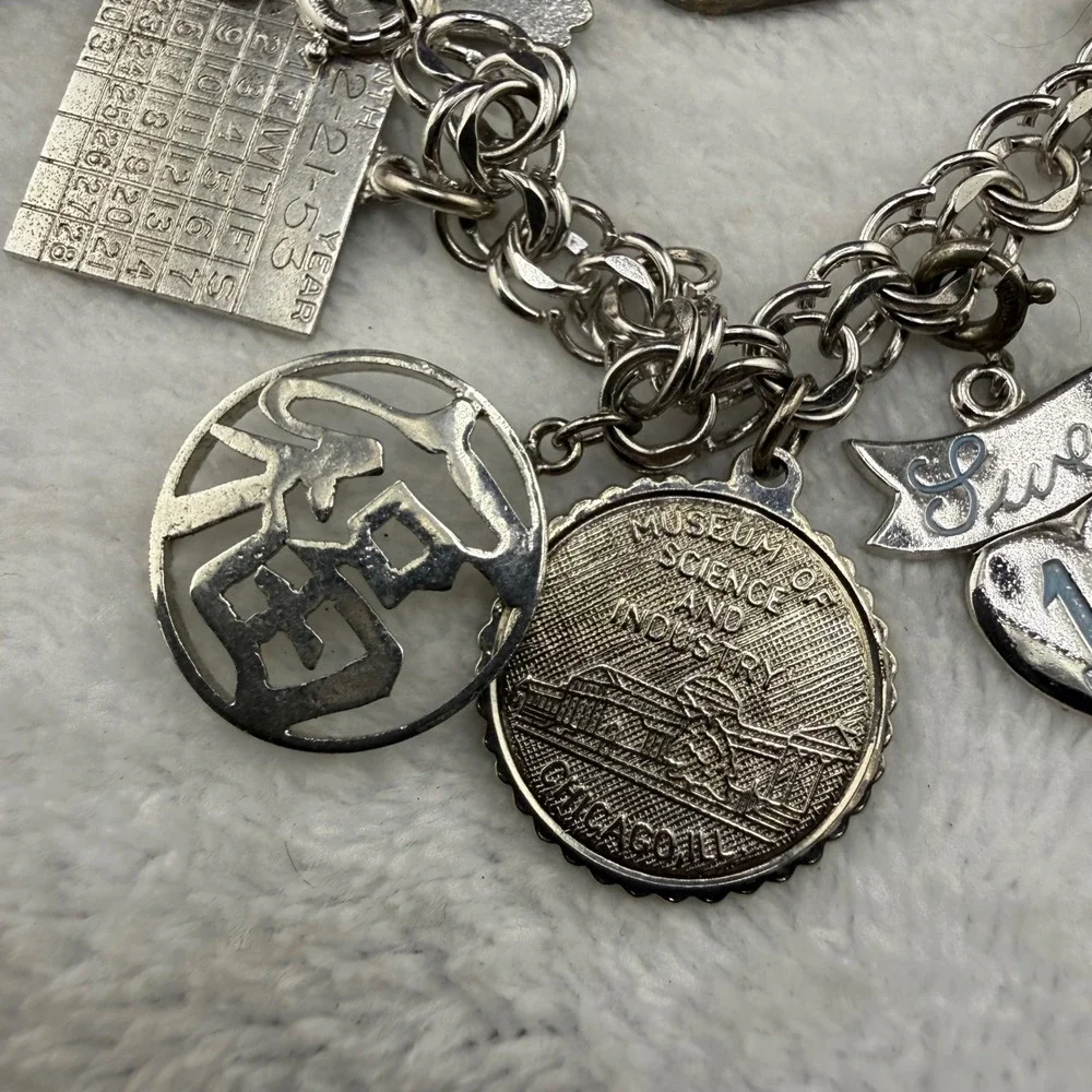 Vintage Mostly Sterling Silver Charm Bracelet Travel Souvenir Disneyland 7in